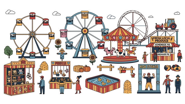 Colorful Carnival Attractions and Amusement Rides.