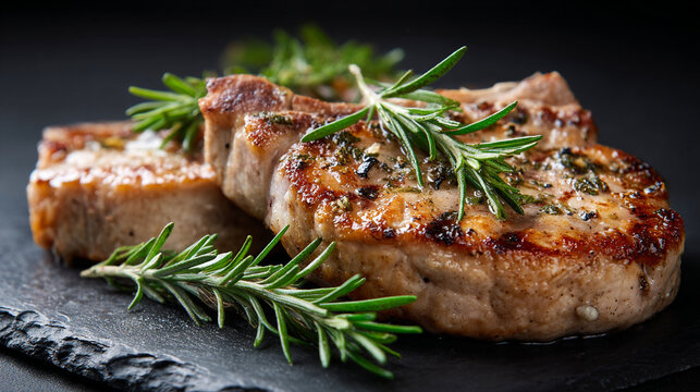 Close up of juicy grilled pork chops with fresh rosemary, barbecue