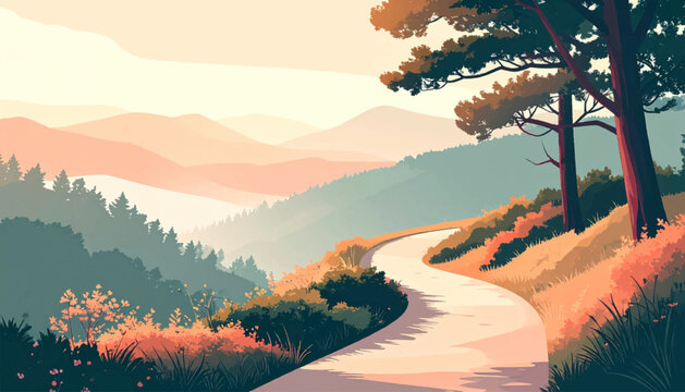 Sunlit mountain bend with glowing grasses and sweeping pastel range. Warm highland roadway beside tall trees and luminous valley layers. Graceful scenic turn through radiant slopes under a gentle sky