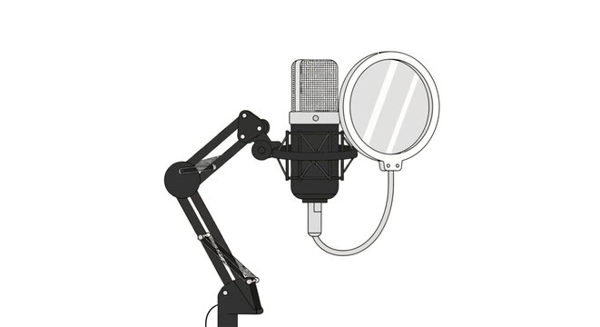 Black microphone with pop filter stand.