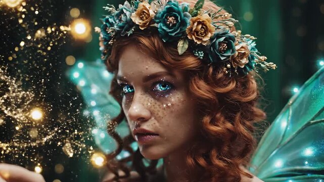Enchanted fairy portrait of a mystical woman with wings and a flower crown holding glowing magical light.