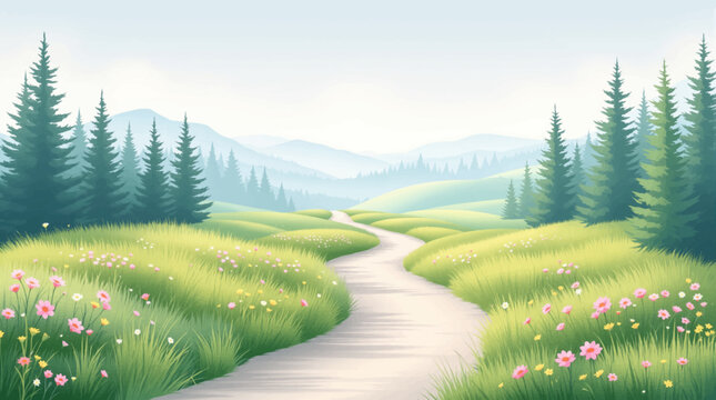 Cheerful flower meadow with bright path and cool distant timberland. Sunny pastoral scene with airy blossoms and rolling blue ridges. Light countryside artwork featuring open grass, fog