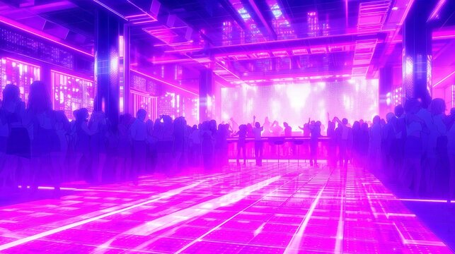 Vibrant nightclub scene with illuminated LED floor, dynamic lighting effects, and an energetic dancing crowd, capturing the essence of 1990 anime city pop nightlife.