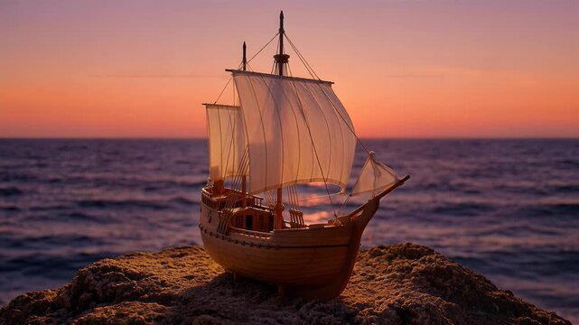 Miniature wooden sailing ship model resting on a sandy shore against a colorful sunset seascape