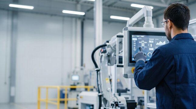Male industrial engineer operating touchscreen robot control panel monitoring automated manufacturing process checking production data on screen modern smart factory technology