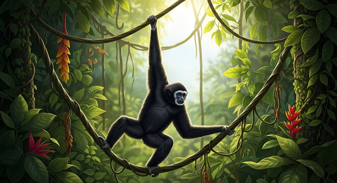 Black monkey swinging on vines in a lush tropical jungle