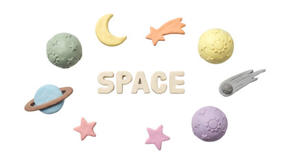 Fototapeta premium 3D clay space icons with celestial spheres and center subtitle in pastel colors