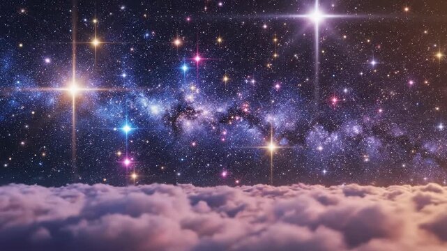 Dreamy celestial background featuring a vibrant galaxy nebula with shining stars above soft pink clouds.