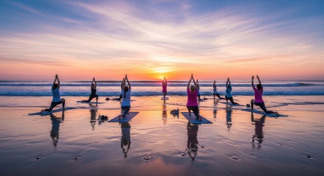 Group of people practicing yoga on a beach at sunset with reflections in the wet sand.