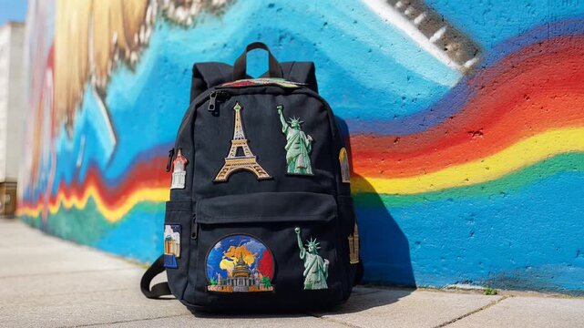 Black backpack adorned with iconic landmark patches stands against a vibrant graffiti wall