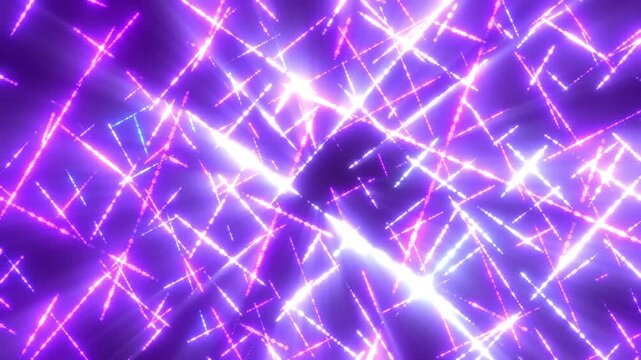 Bright neon lines crossing in dynamic pattern, abstract purple light shards with glowing intersections, futuristic energy background with depth and vibrant motion.