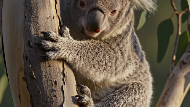 Close up portrait of a wild koala climbing a eucalyptus tree in the Australian outback.