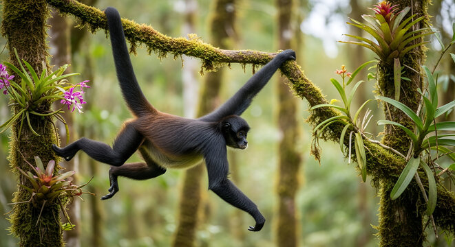 Agile Black Monkey Hanging on Branch in Tropical Rainforest