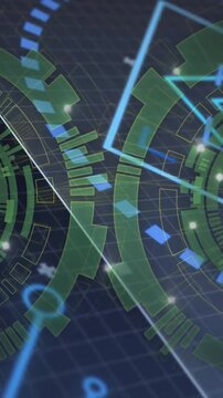 Vertical video: Inward blue diamond markers starting two green HUD rings rotating aligning for scan