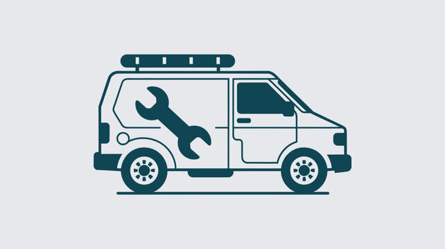 A simple illustration of a service van with a large wrench on the side, ready for repair work.