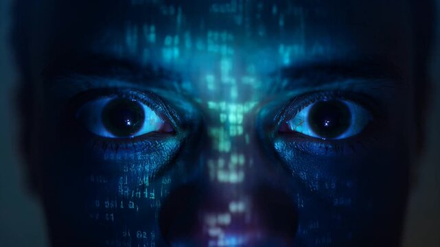 Intense Hacker Eyes Reflecting Glowing Digital Code in Darkness