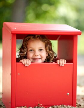 Joyful Abode: A charming young child, beams with delight, peering from a vibrant red playhouse, creating a moment of pure innocent joy and playful spirit.