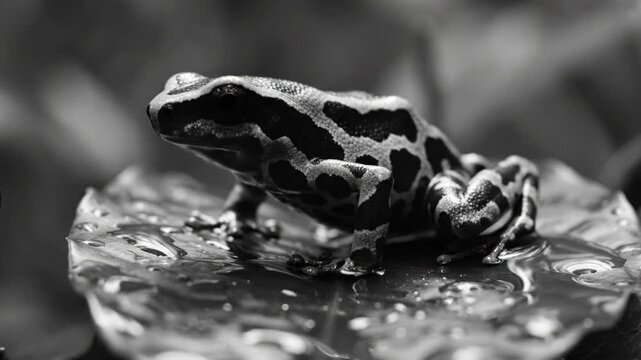 Black and White Close Up of Poison Dart Frog Resting on Leaf with Water Droplets