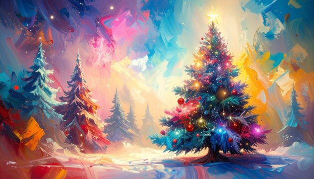 Festive Wonderland: A vibrant, dreamlike illustration captures the magic of the holiday season, with brilliantly decorated trees bathed in a kaleidoscope of colors.
