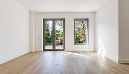 Fototapeta premium Bright empty living room with large windows and wooden floor.