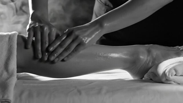 Black and white close up of hands massaging a leg with oil on a spa bed
