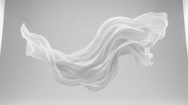 white fabric floating in air, soft folds and realistic cloth simulation.