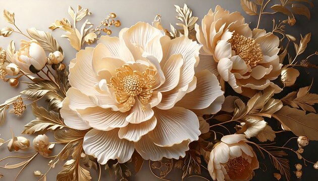 Golden Floral Embellishment: The image showcases a collection of meticulously crafted, golden-hued floral elements, capturing the intricate details of petals and leaves. 