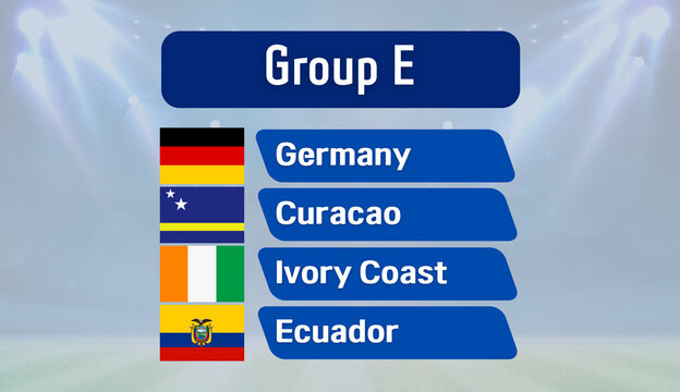 Football tournament Group E standings with flags and names of Germany, Curacao, Ivory Coast, and Ecuador. Professional sports infographic for news.