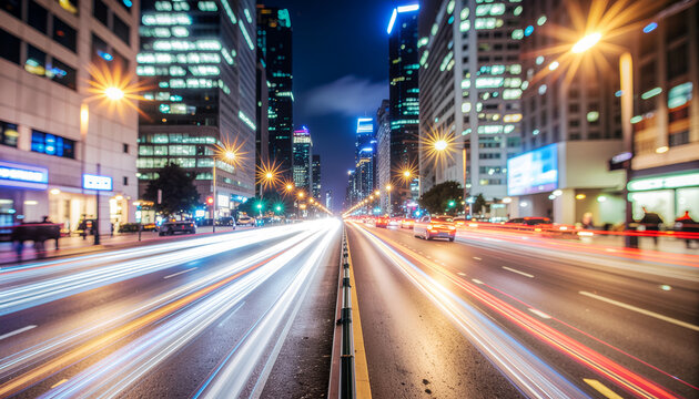 Night city boulevard with fast light trails and skyscrapers.