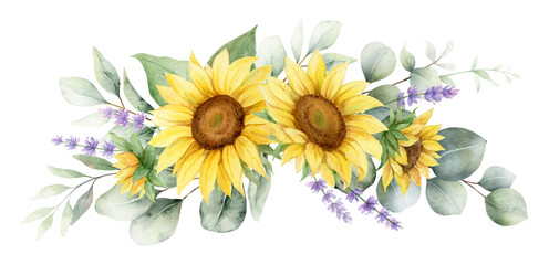 Watercolor wreath with sunflower, lavender flowers and eucalyptus leaves. Greenery clipart for wedding invitation, greeting cards. Hand painted botanical illustration. © ElenaMedvedeva