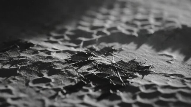 Black and white close up of a dried leaf and tire tracks on a textured surface with dappled shadows