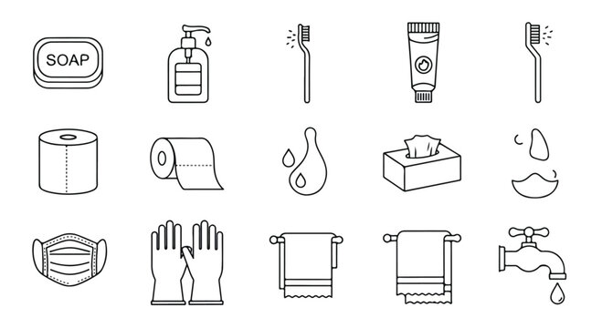 Set of 15 Hygiene and Bathroom Line Icons Vector
