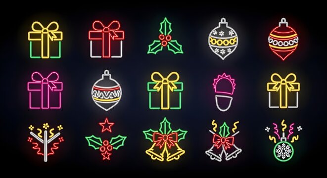 A vibrant collection of glowing neon Christmas holiday icons including festive gift boxes, shiny ornaments, holly, and cheerful bells.