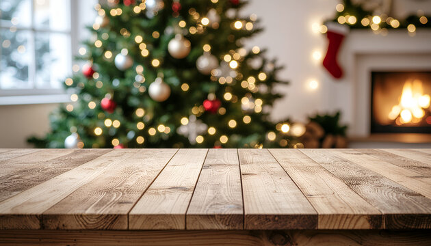 Empty wooden table with blurred Christmas tree and cozy fireplace background.