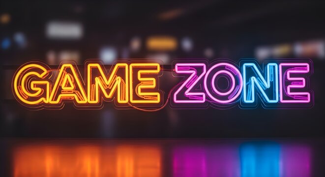 Brightly illuminated neon letters spell out 'GAME ZONE' in a vibrant display of glowing orange, pink, and blue, symbolizing a lively entertainment area.
