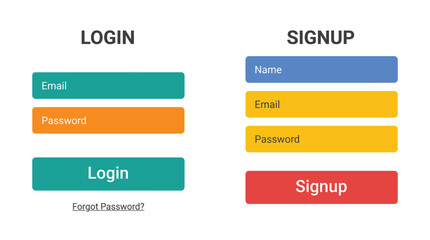 Fototapeta premium Digital interface design showcasing distinct login and signup forms with input fields and buttons featuring color coded sections for user authentication and registration processes