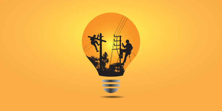 Creative Labour Day wide banner with electrician worker silhouettes climbing power poles inside a glowing light bulb on a warm orange gradient background.
