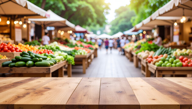 Empty wooden table at colorful outdoor farmers market.