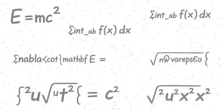 Scientific equation E equals mc squared and calculus integrals on a subtle white textured background