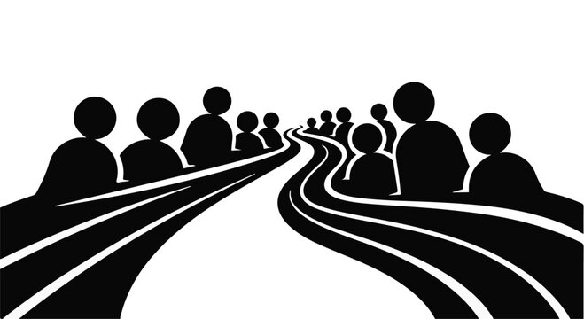 Silhouettes of people following a winding path towards a distant horizon.