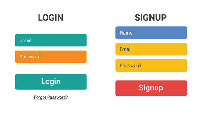 Digital interface design showcasing distinct login and signup forms with input fields and buttons featuring color coded sections for user authentication and registration processes