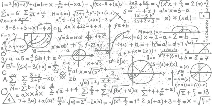 Detailed academic background with dense mathematical formulas and geometric graphs on a white textured surface