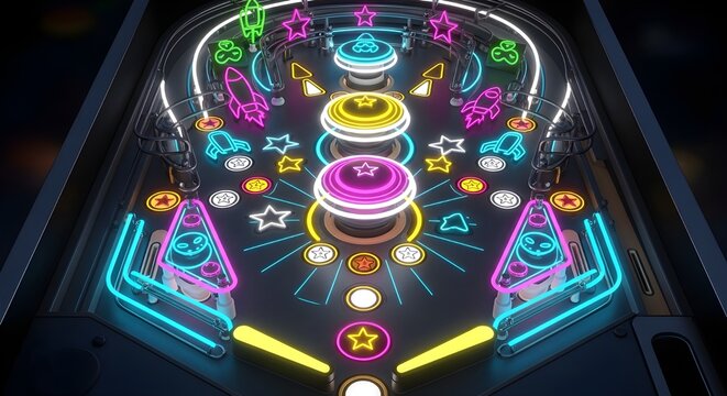 Vibrant neon pinball machine surface featuring glowing space themed graphics including rockets and colorful stars on a sleek dark game board