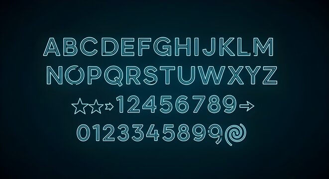 Glowing neon alphabet letters numbers and symbols illuminated in turquoise light against a dark background