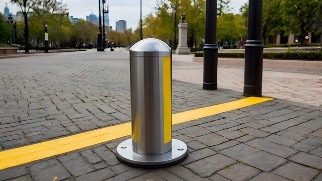 parking meter on the street Stainless steel security bollard with yellow reflective stripe stands on paved pedestrian walkway in city park to control vehicle access.
