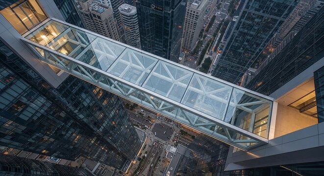 A breathtaking aerial view of a modern glass skybridge connecting two towering skyscrapers high above a city street.