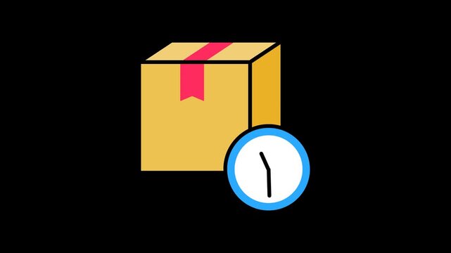 Seamless looping package box and blue clock animation with rotating hands. Fast delivery duration and shipping time motion graphic on a transparent alpha channel for logistics themes