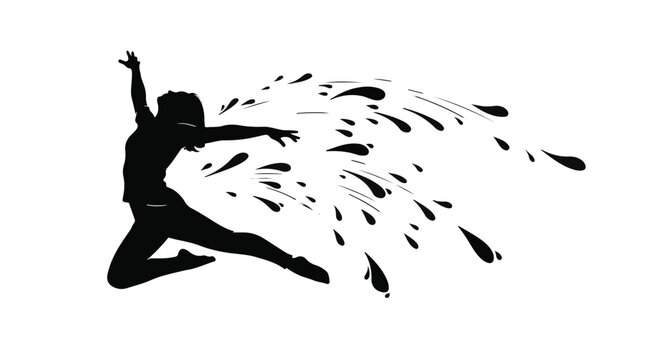 Dynamic dancer leaping and dissolving into abstract ink splatters, symbolizing freedom and movement
