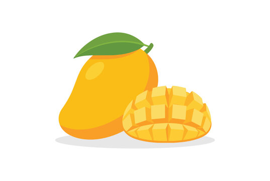 Ripe mango with leaf and sliced mango cubes in bright yellow and orange tones minimal flat style clean