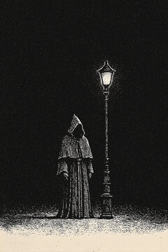 vintage matchbox style illustration, cloaked hooded monk standing under a single lamp post